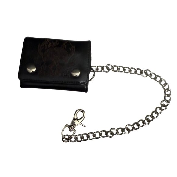 Biker Trifold Black Leather Wallet With Chain & Skull Design - Picture 1 of 9